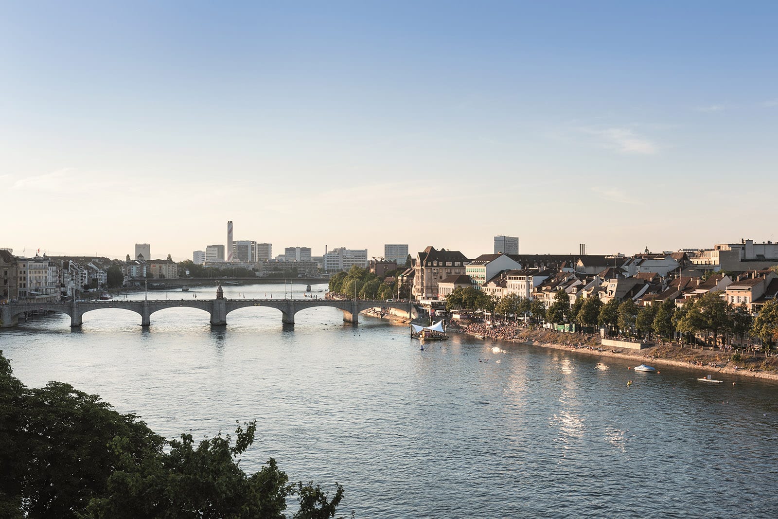 Fluss Rhein in Basel, Switzerland. Concert on the river - place to be for locals and expats